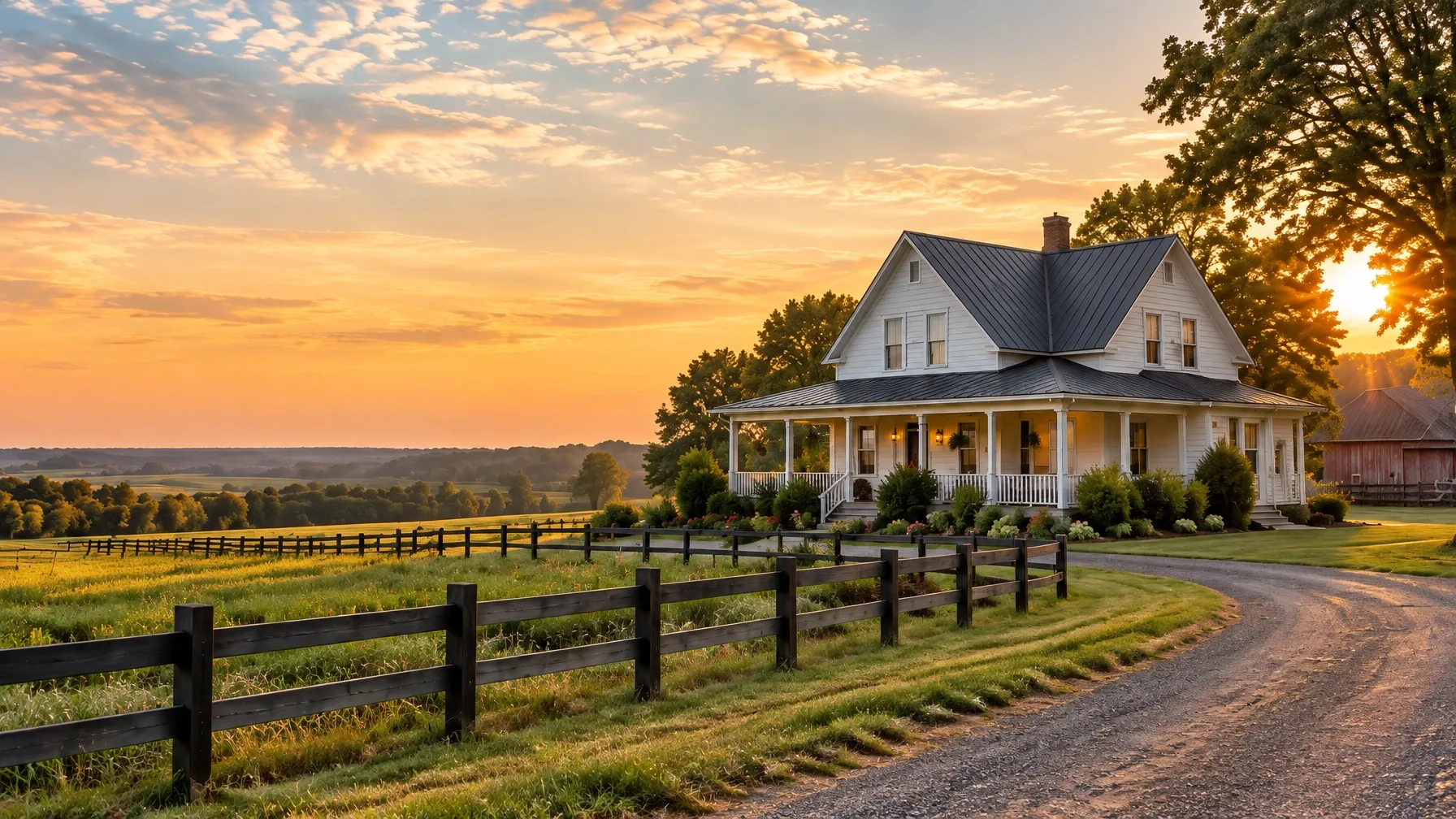 A welcoming farmhouse and acreage at sunset in the Midwest